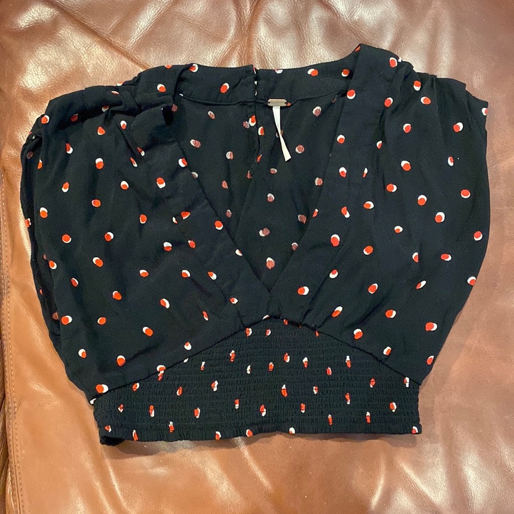 Free People Boho / Vintage style black crop top with red and white pattern